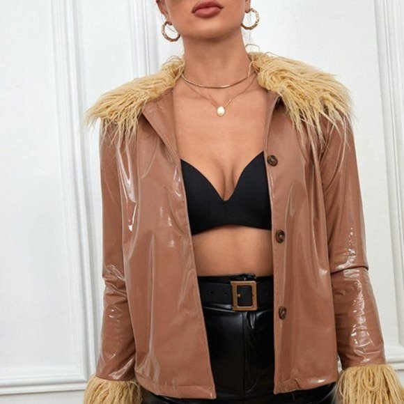 Callie Mongolian: Shiny Nude Vegan Patent Leather Faux Fur Collar Blazer - Picture 5 of 16